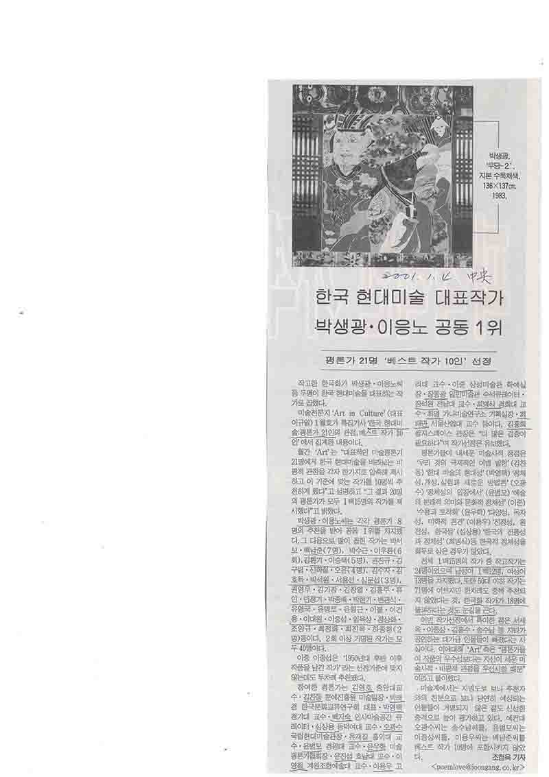 「한국 현대미술 대표작가 박생광·이응노 공동 1위」, 『중앙일보』 (「Park Saeng-kwang and Lee Ungno Tied for 1st place as Representative Artists of Korean Contemporary Art」, 『Joong-Ang Ilbo』)