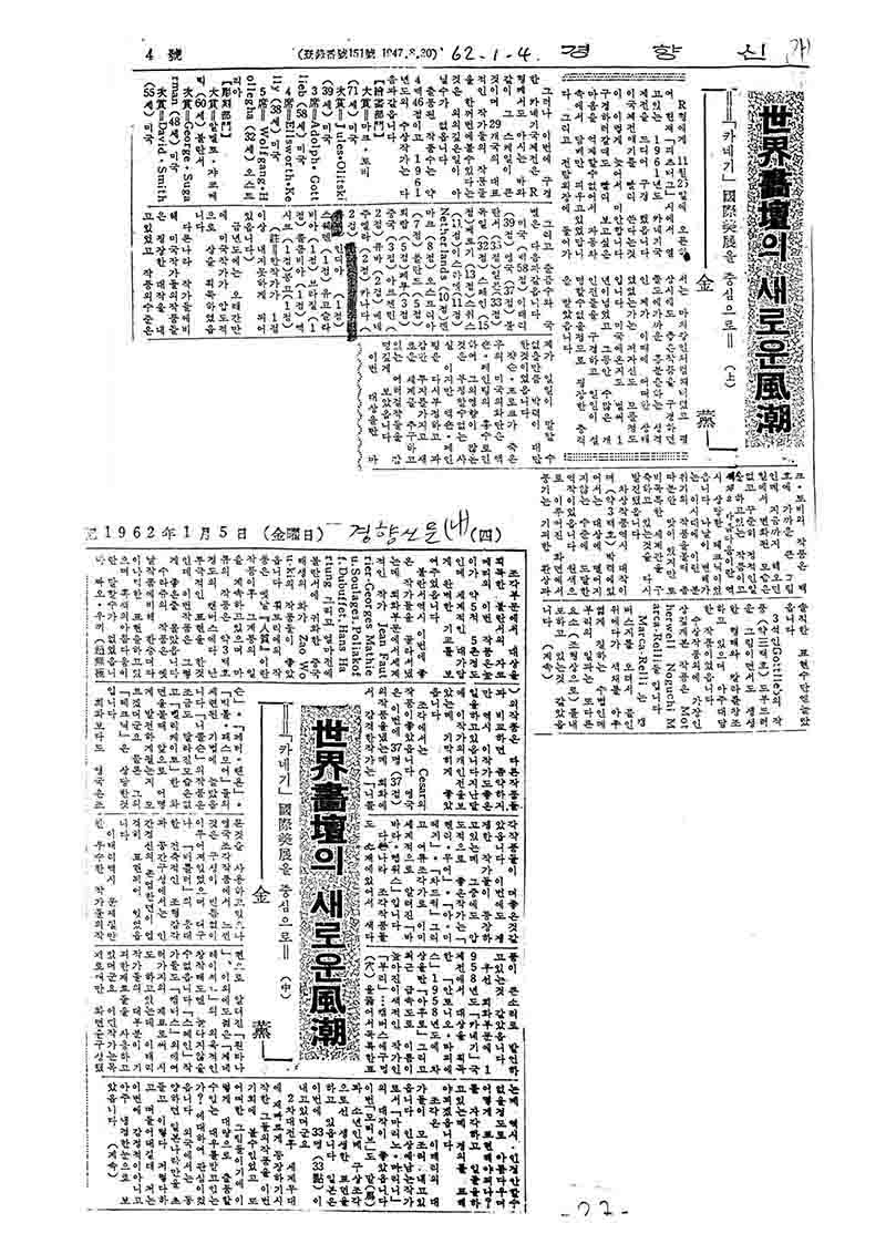 「세계화단의 새로운 풍조: 카네기 국제미전을 중심으로」,  『경향신문』