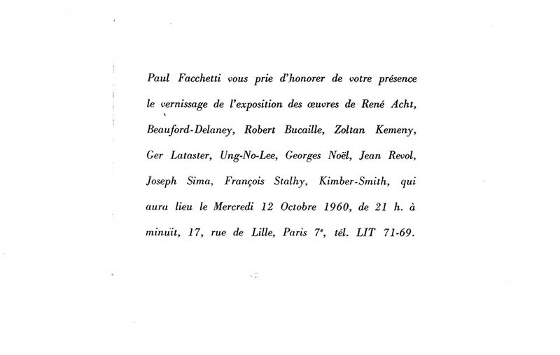 《René Acht, Beauford-Delaney, Robert Bucaille, Zoltan Kemeny, Ger Lataste, Ung-No-Lee, Georges Noel, Jean Revol, Joseph Sima, François Stalhy, Kimber-Smith》 초대장